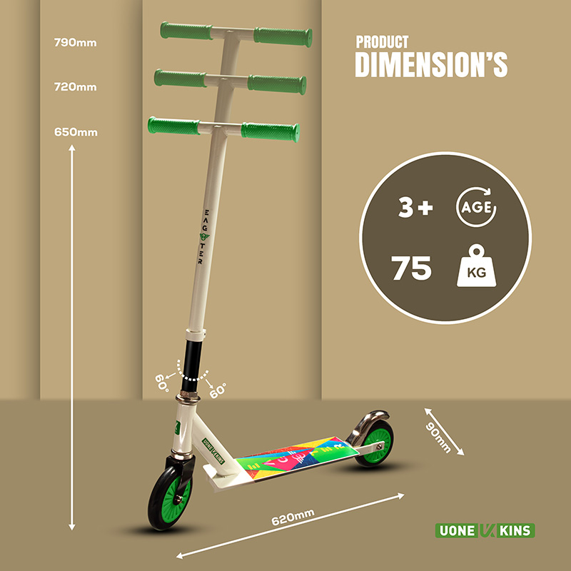 UONE KINS Unisex Kid's Kick Scooter || 120mm Wheels, Aluminum Alloy Handle & Base || Adjustable 3 Level Height & Weight Capacity 75 kgs with Brakes (Green) - Image 3