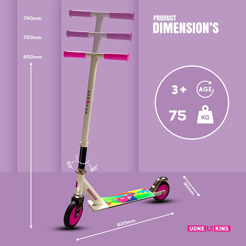 UONE KINS Unisex Kid's Kick Scooter || 120mm Wheels, Aluminum Alloy Handle & Base || Adjustable 3 Level Height & Weight Capacity 75 kgs with Brakes (Pink) - Image 4
