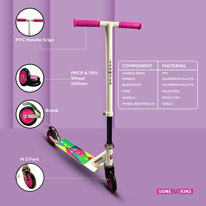 UONE KINS Unisex Kid's Kick Scooter || 120mm Wheels, Aluminum Alloy Handle & Base || Adjustable 3 Level Height & Weight Capacity 75 kgs with Brakes (Pink) - Image 5
