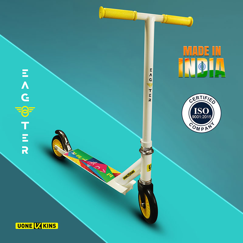 UONE KINS Unisex Kid's Kick Scooter || 120mm Wheels, Aluminum Alloy Handle & Base || Adjustable 3 Level Height & Weight Capacity 75 kgs with Brakes (Yellow) - Image 5