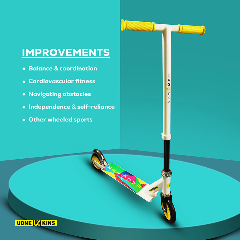 UONE KINS Unisex Kid's Kick Scooter || 120mm Wheels, Aluminum Alloy Handle & Base || Adjustable 3 Level Height & Weight Capacity 75 kgs with Brakes (Yellow) - Image 4