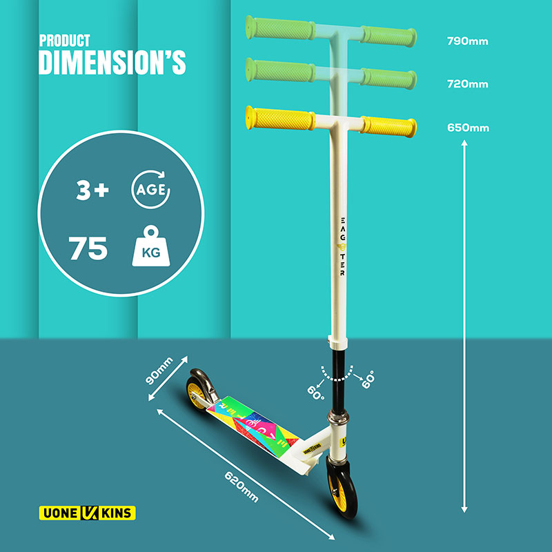 UONE KINS Unisex Kid's Kick Scooter || 120mm Wheels, Aluminum Alloy Handle & Base || Adjustable 3 Level Height & Weight Capacity 75 kgs with Brakes (Yellow) - Image 3