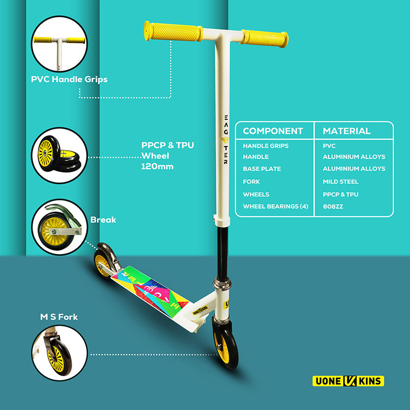 UONE KINS Unisex Kid's Kick Scooter || 120mm Wheels, Aluminum Alloy Handle & Base || Adjustable 3 Level Height & Weight Capacity 75 kgs with Brakes (Yellow) - Image 2